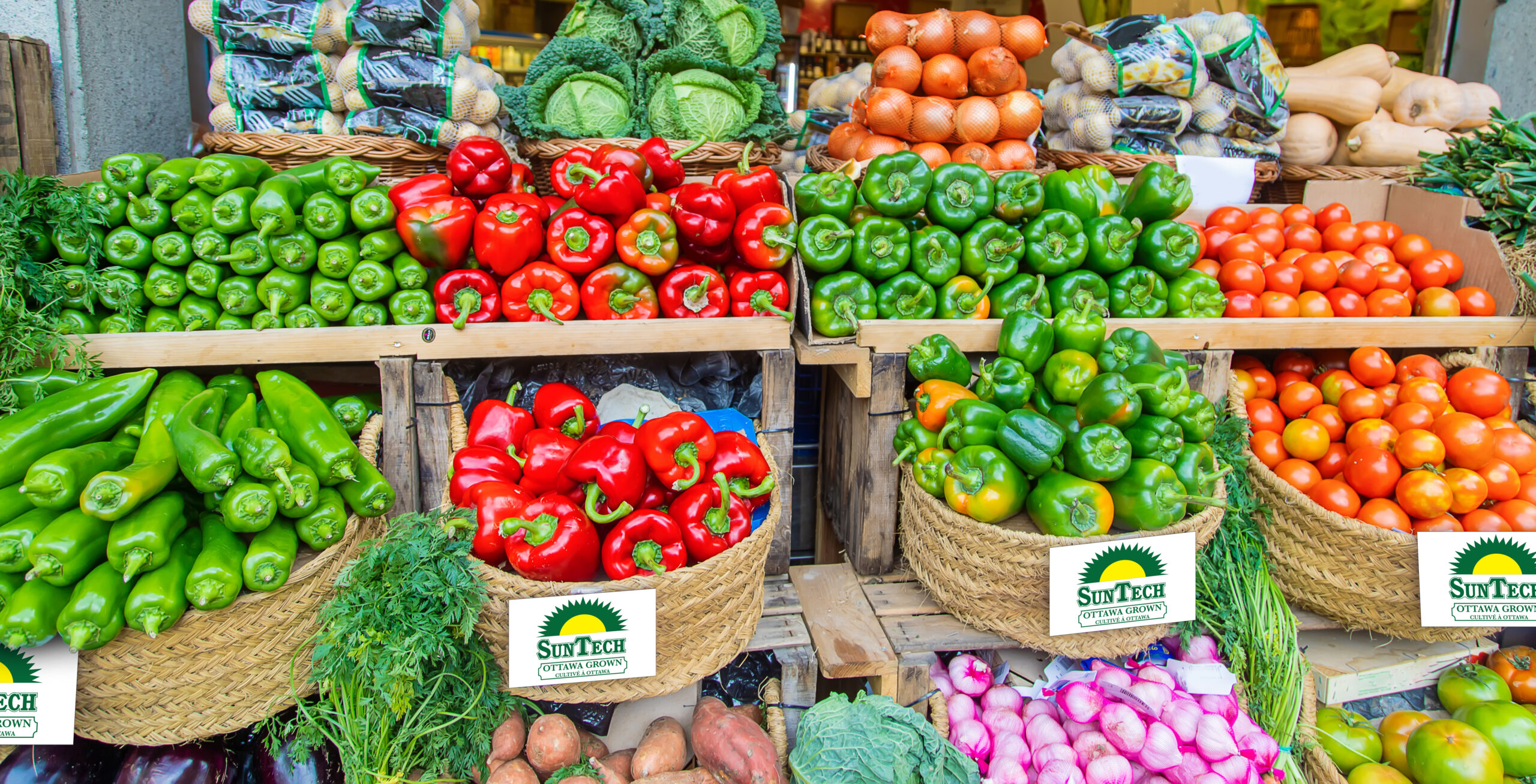 Market stalls with vegetables and fruits. Selective focus.